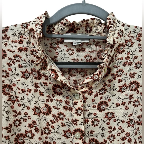 LOFT Outlet Blouse Sz PS Peach Floral Ruffle Neck Button Front Long Sleeves - Picture 2 of 11